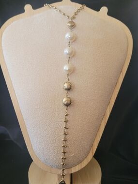 Gold Beaded Long Y Necklace with Pearlescent Accents
